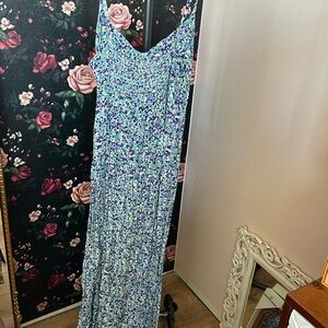 Zara Floral V-Neck Sleeveless Maxi Dress in Blue and Green